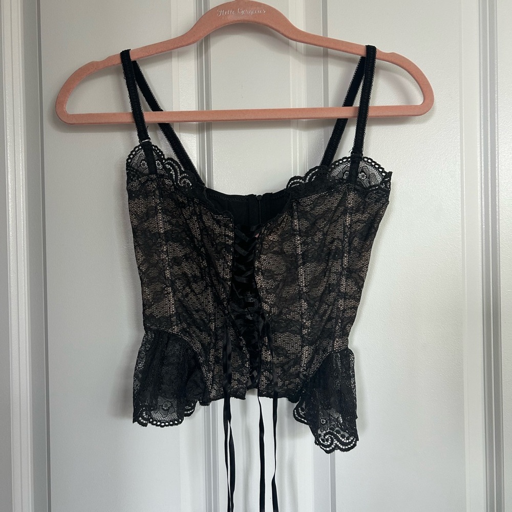 Vintage 2003 Victoria’s Secret Black Floral Lace-Up Corset Bustier